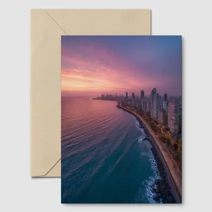 Coastal City Skyline at Pink Sunset