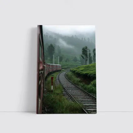 Red Train Winding Through Misty Tea Plantations