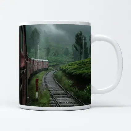 Red Train Winding Through Misty Tea Plantations