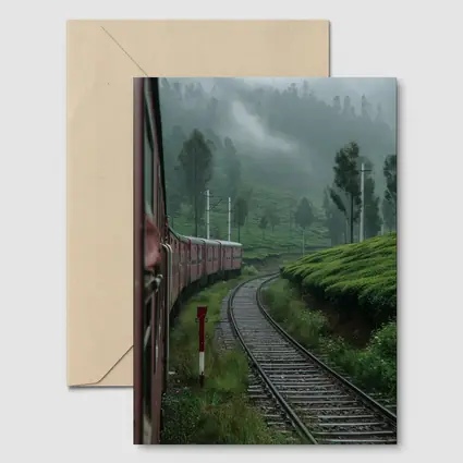 Red Train Winding Through Misty Tea Plantations