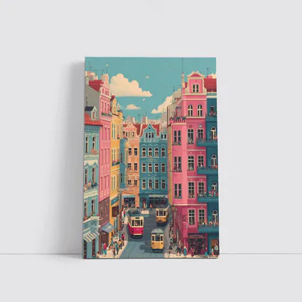 Colorful European City Street Tram Illustration