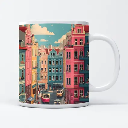 Colorful European City Street Tram Illustration