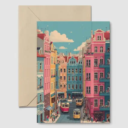 Colorful European City Street Tram Illustration