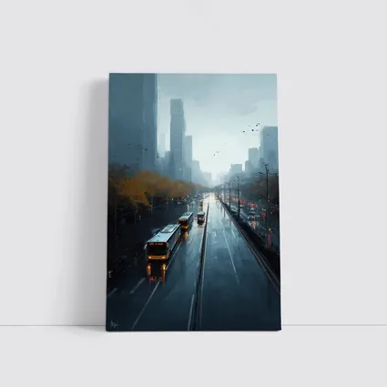 Rainy City Street Buses Urban Skyline