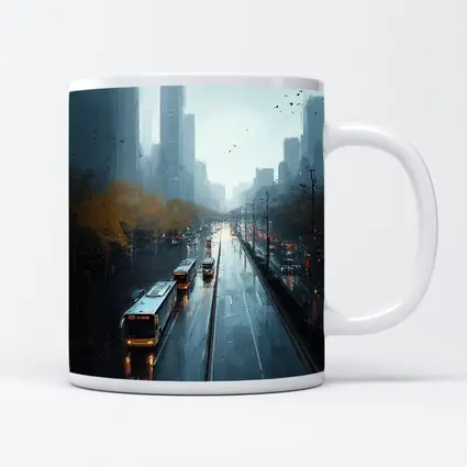 Rainy City Street Buses Urban Skyline