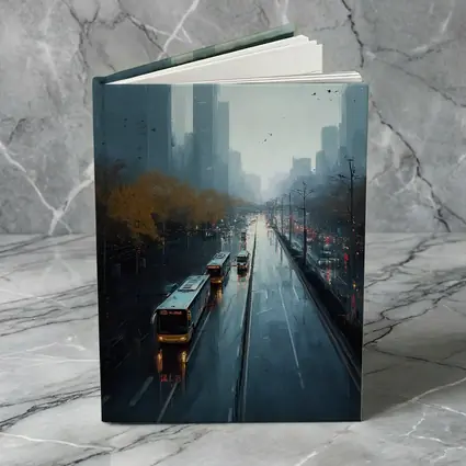 Rainy City Street Buses Urban Skyline