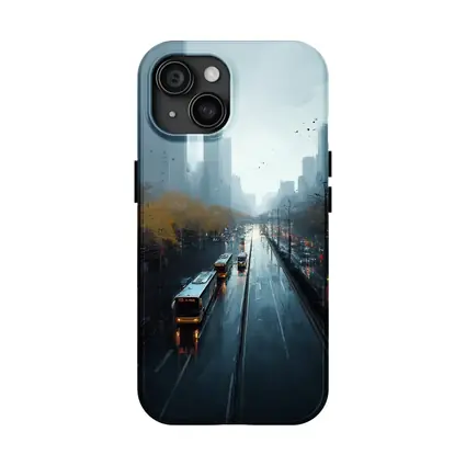 Rainy City Street Buses Urban Skyline