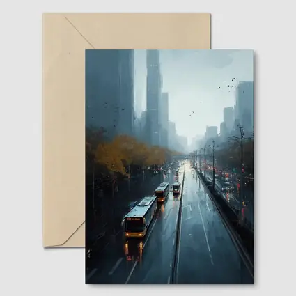 Rainy City Street Buses Urban Skyline