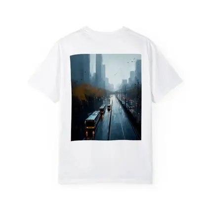 Rainy City Street Buses Urban Skyline