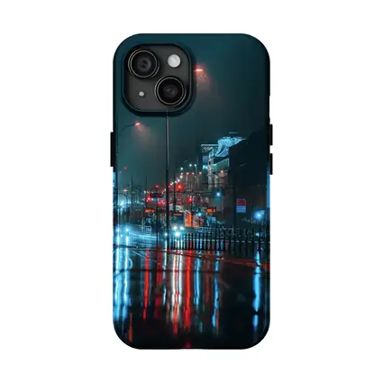 Rainy City Street Night Neon Reflections