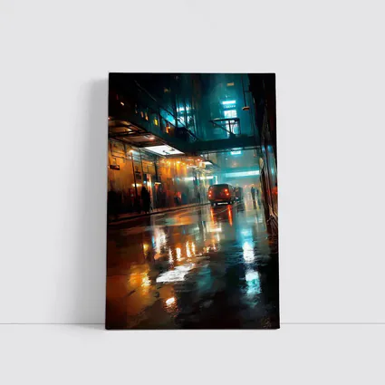 Rainy City Street Night Neon Reflections