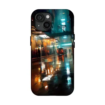 Rainy City Street Night Neon Reflections
