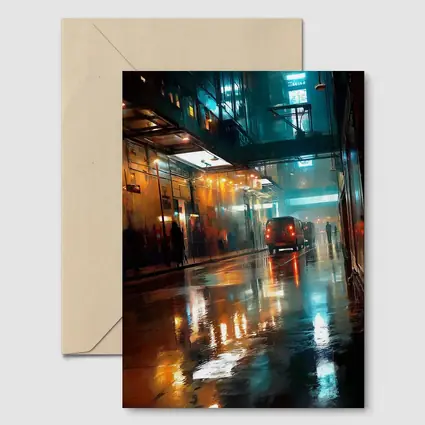 Rainy City Street Night Neon Reflections