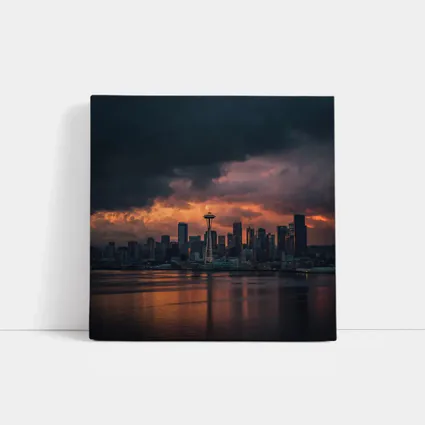 Seattle Space Needle Stormy Sunset Skyline