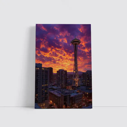 Seattle Space Needle Fiery Sunset Sky