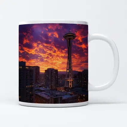 Seattle Space Needle Fiery Sunset Sky