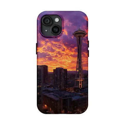 Seattle Space Needle Fiery Sunset Sky