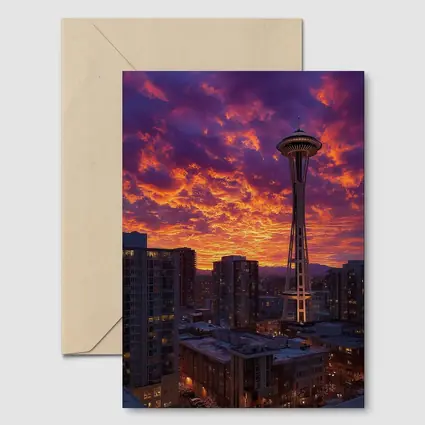 Seattle Space Needle Fiery Sunset Sky