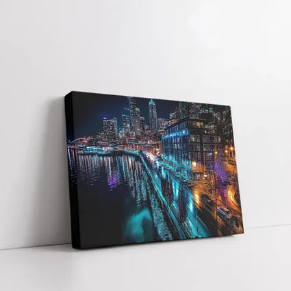 Seattle Waterfront Skyline Glowing At Night