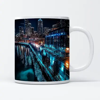 Seattle Waterfront Skyline Glowing At Night