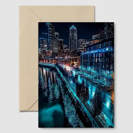 Seattle Waterfront Skyline Glowing At Night