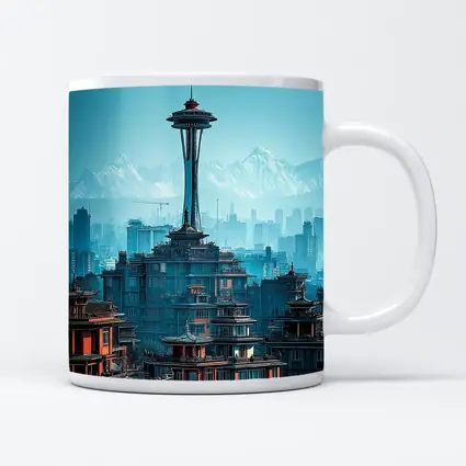 Seattle Space Needle Asian Architecture Skyline Mountains