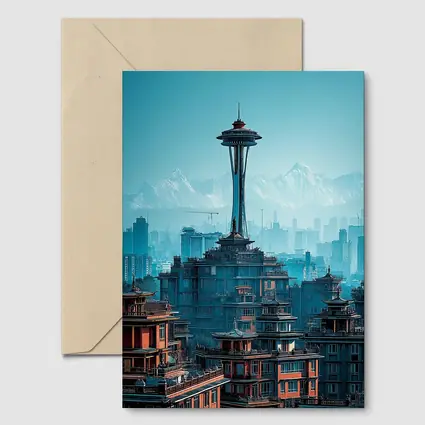 Seattle Space Needle Asian Architecture Skyline Mountains