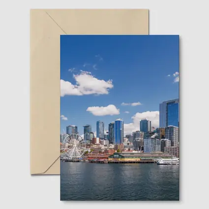 Seattle Skyline Waterfront Ferris Wheel Blue Sky
