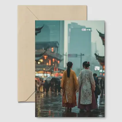 Two Women in Hanfu Rainy Chinese Street