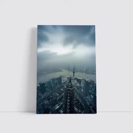 Shanghai Skyline Aerial View Stormy Sky