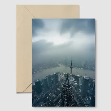 Shanghai Skyline Aerial View Stormy Sky