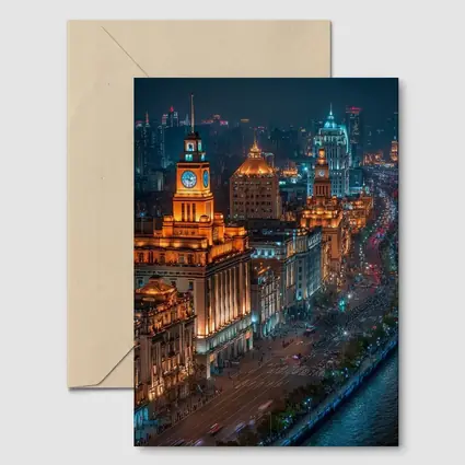 Shanghai Bund Skyline Glowing At Night