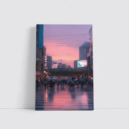 Tokyo Rainy Crosswalk Pink Dusk Sky