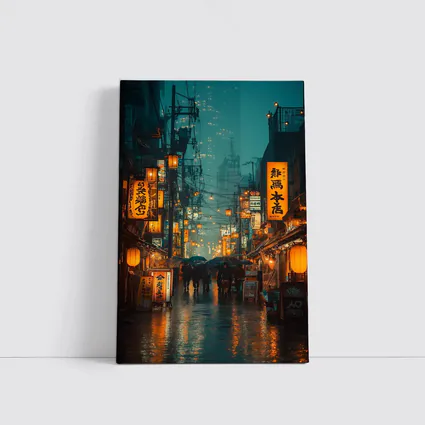 Rainy Tokyo Street Glowing Lanterns Night