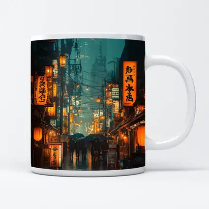 Rainy Tokyo Street Glowing Lanterns Night