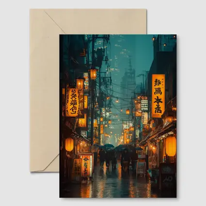 Rainy Tokyo Street Glowing Lanterns Night