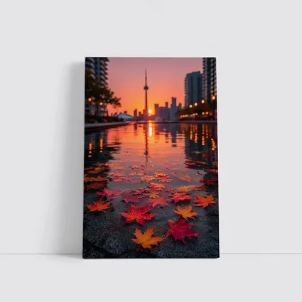 Toronto CN Tower Autumn Leaves Sunset Reflection