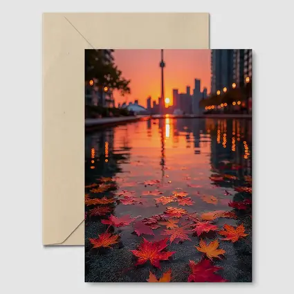 Toronto CN Tower Autumn Leaves Sunset Reflection