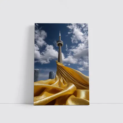 CN Tower Gold Silk Fabric Toronto Sky