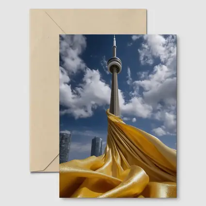 CN Tower Gold Silk Fabric Toronto Sky