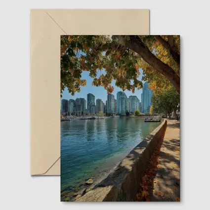 Vancouver Waterfront Skyline Autumn Trees Seawall