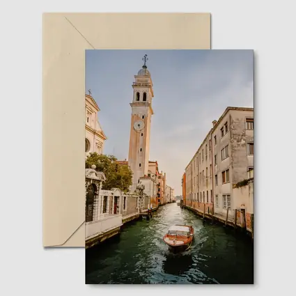 Venice Canal Boat Church Tower Italy