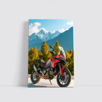 Red Ducati Multistrada Adventure Bike Mountain Backdrop