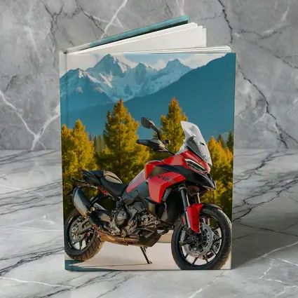 Red Ducati Multistrada Adventure Bike Mountain Backdrop