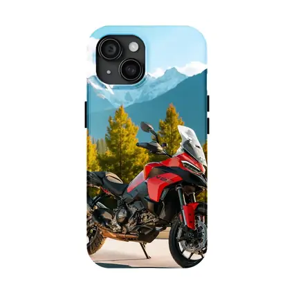 Red Ducati Multistrada Adventure Bike Mountain Backdrop