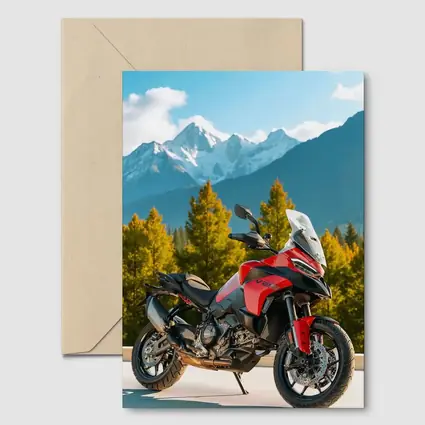 Red Ducati Multistrada Adventure Bike Mountain Backdrop