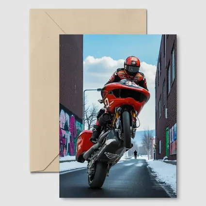 Red Motorcycle Wheelie Urban Street Winter