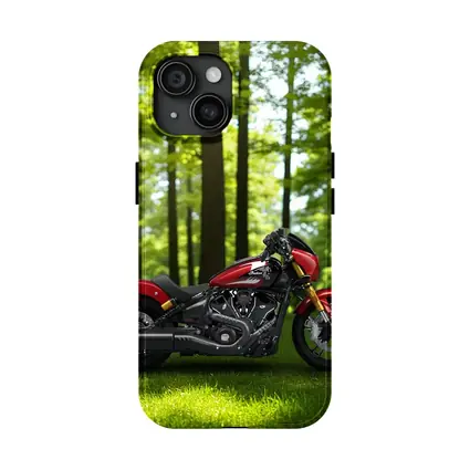Red Indian Motorcycle Parked Among Green Trees