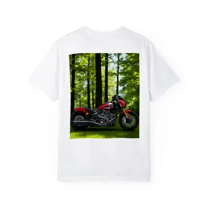 Red Indian Motorcycle Parked Among Green Trees