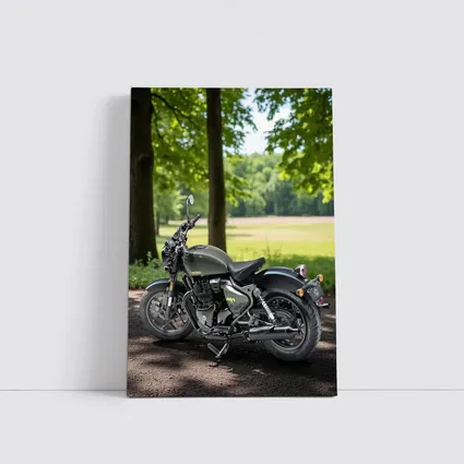Dark Green Cruiser Motorcycle Parked Forest Setting